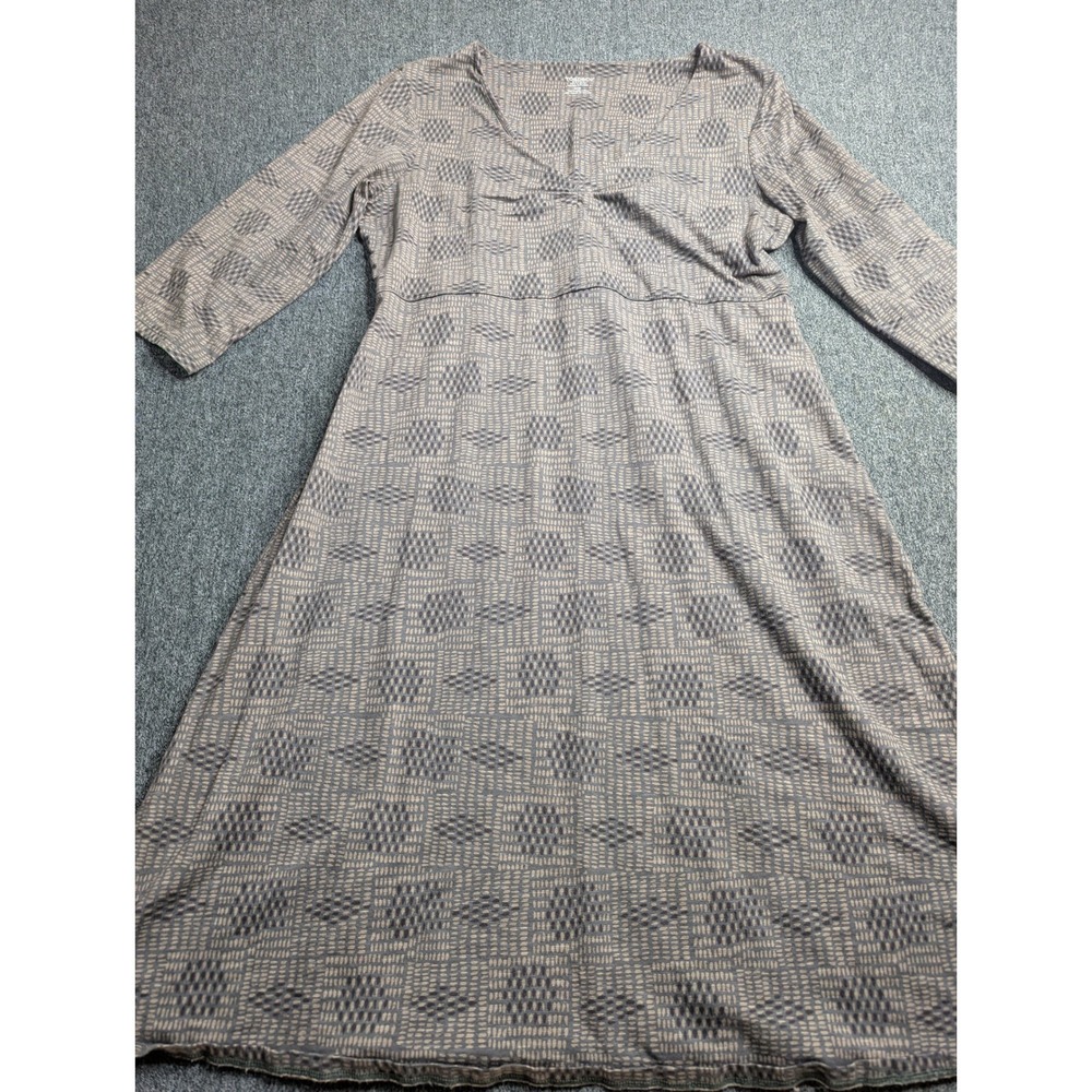 Toad&Co Rosalinda Dress L Brown Grey Geometric Diamond Print V-Neck 3/4 Sleeve
